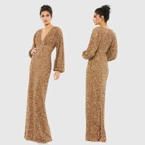 NWT Mac Duggal  Brown Sequined Puff Sleeve V Neck Gown Size 14